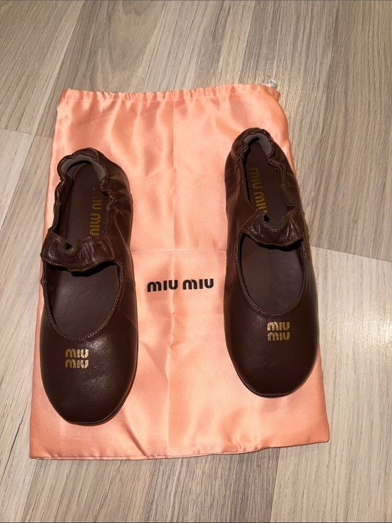 Miu Miu Shoes - Miu Miu Black Leather Ballet Flat with Gold Logo